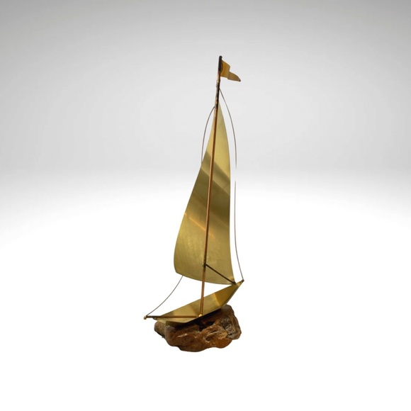Vintage Brass Sailboat Sculpture Burlwood Base Windsurfer Nautical Handmade 15” - Picture 4 of 10